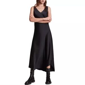 All Saints Arta satin slip dress New size M black sleeveless v neck midi LBD